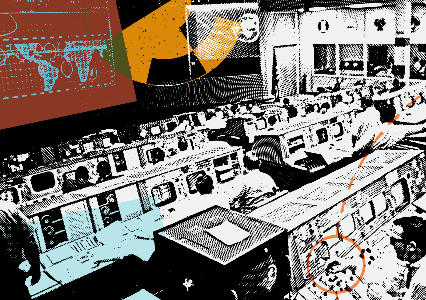 Vintage collage image of a room full of people working at computers